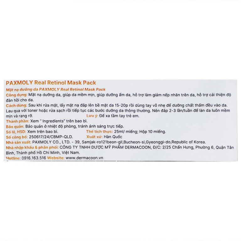 Mặt nạ Pax Moly Real Retinol Mask Pack 10 miếng (Black) giúp da mềm mịn, dưỡng ẩm, săn chắc