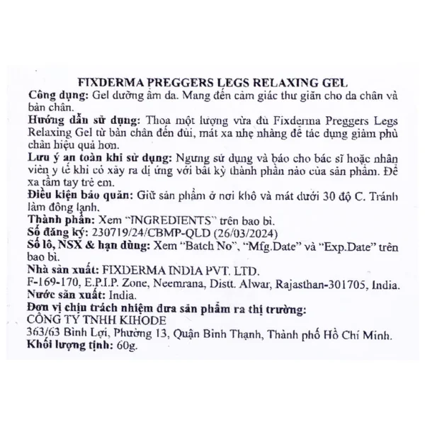 Gel Preggers Leg Relaxing 60g Fixderma dưỡng ẩm, giảm chuột rút, phù nề, giãn tĩnh mạch chân cho bà bầu
