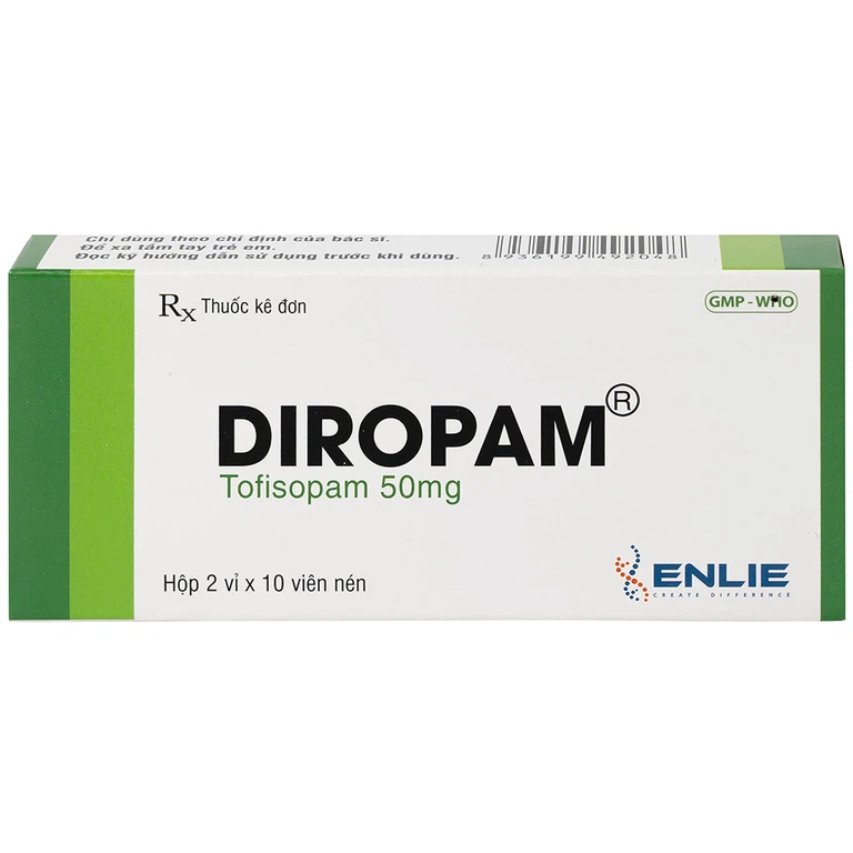Thuốc Diropam 50mg Enlie điều trị triệu chứng đau thắt ngực giả, tiền mê sảng (2 vỉ x 10 viên)