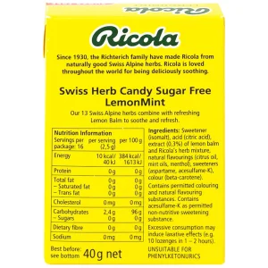 Kẹo ngậm không đường Ricola Lemont Mint thông cổ, mát họng, làm dịu cơn ho (40g)