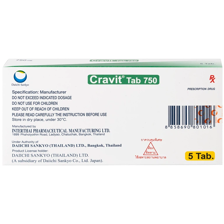 Thuốc Cravit Tab 750mg Interthai Pharm điều trị nhiễm khuẩn nhẹ, trung bình và nặng (1 vỉ x 5 viên)
