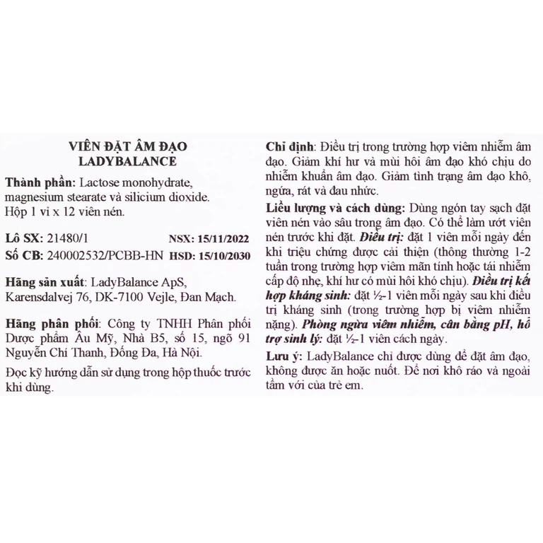 Viên đặt âm đạo LadyBalance giảm khí hư và mùi hôi âm đạo do nhiễm khuẩn âm đạo (1 vỉ x 12 viên)