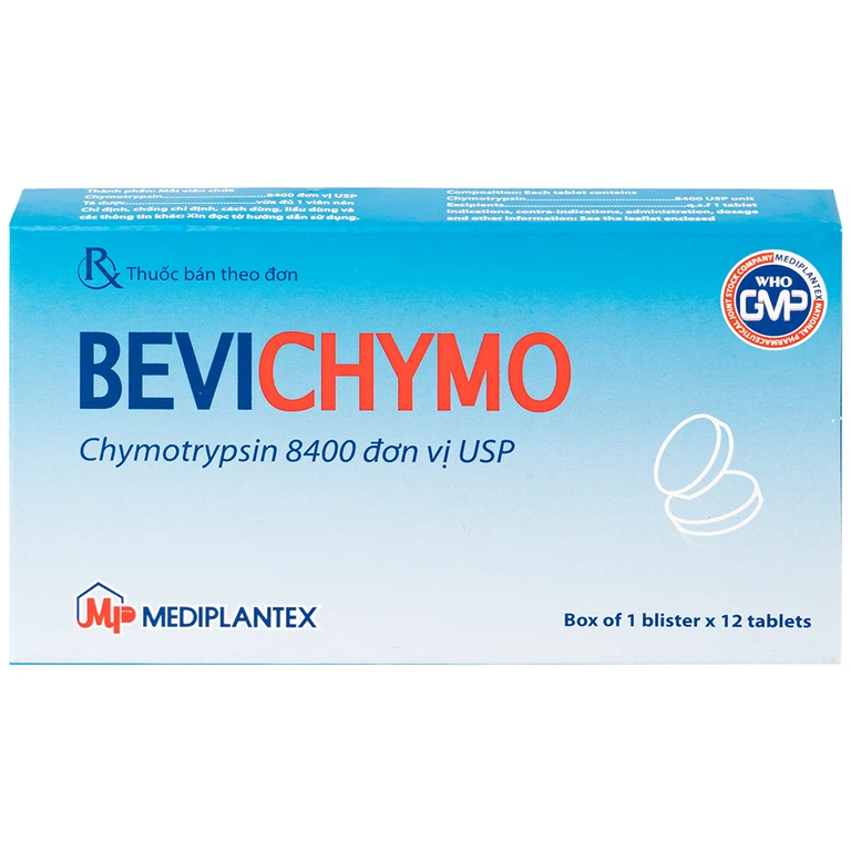 Thuốc Bevichymo Chymotrypsin 8400 Usp Mediplantex giảm đau, hạ sốt và kháng viêm (1 vỉ x 12 viên)