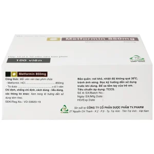 Thuốc Metformin 850mg TV.Pharm điều trị bệnh đái tháo đường (10 vỉ x 10 viên)
