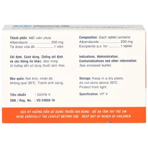 Thuốc SaVi Albendazol 200 điều trị nhiễm ấu trùng sán lợn có tổn thương não (1 vỉ x 2 viên)