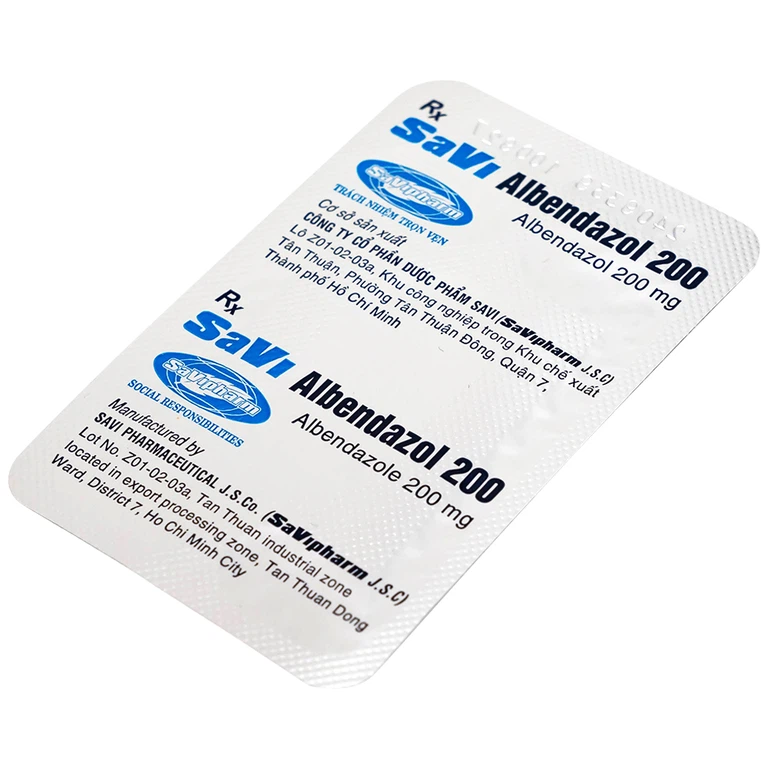 Thuốc SaVi Albendazol 200 điều trị nhiễm ấu trùng sán lợn có tổn thương não (1 vỉ x 2 viên)