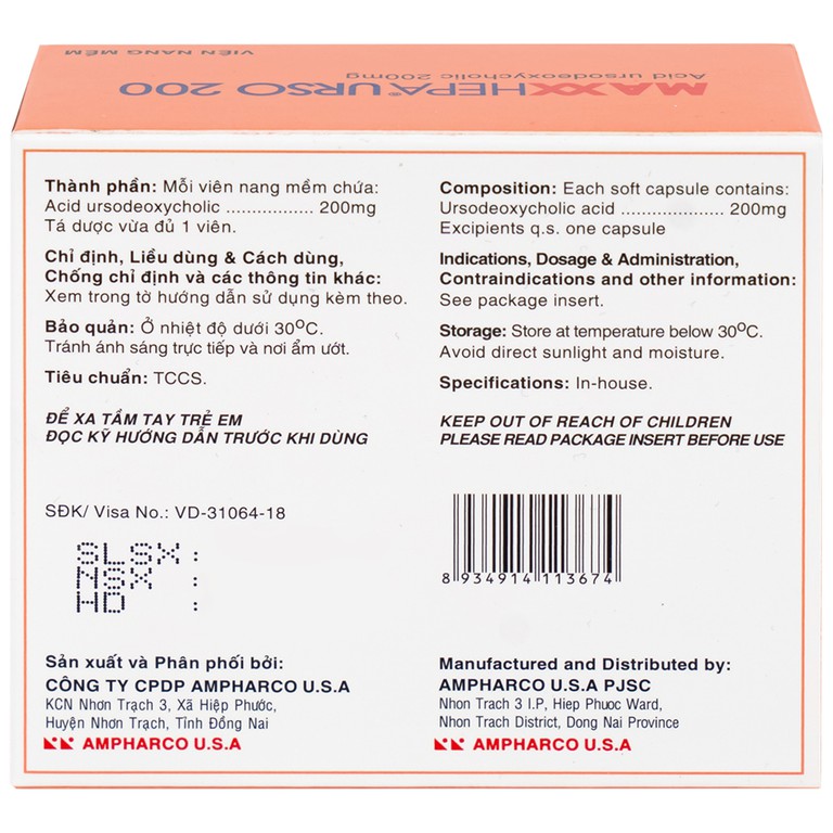 Thuốc Maxxhepa Urso 200 Ampharco điều trị xơ gan do mật nguyên phát, tan sỏi túi mật cholesterol (3 vỉ x 10 viên)