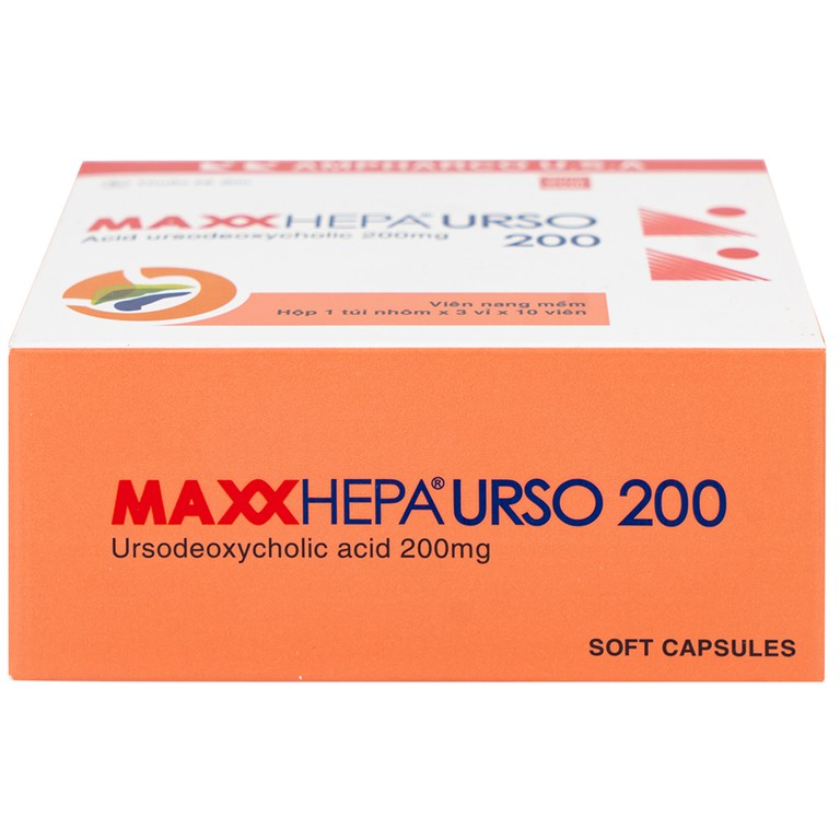 Thuốc Maxxhepa Urso 200 Ampharco điều trị xơ gan do mật nguyên phát, tan sỏi túi mật cholesterol (3 vỉ x 10 viên)