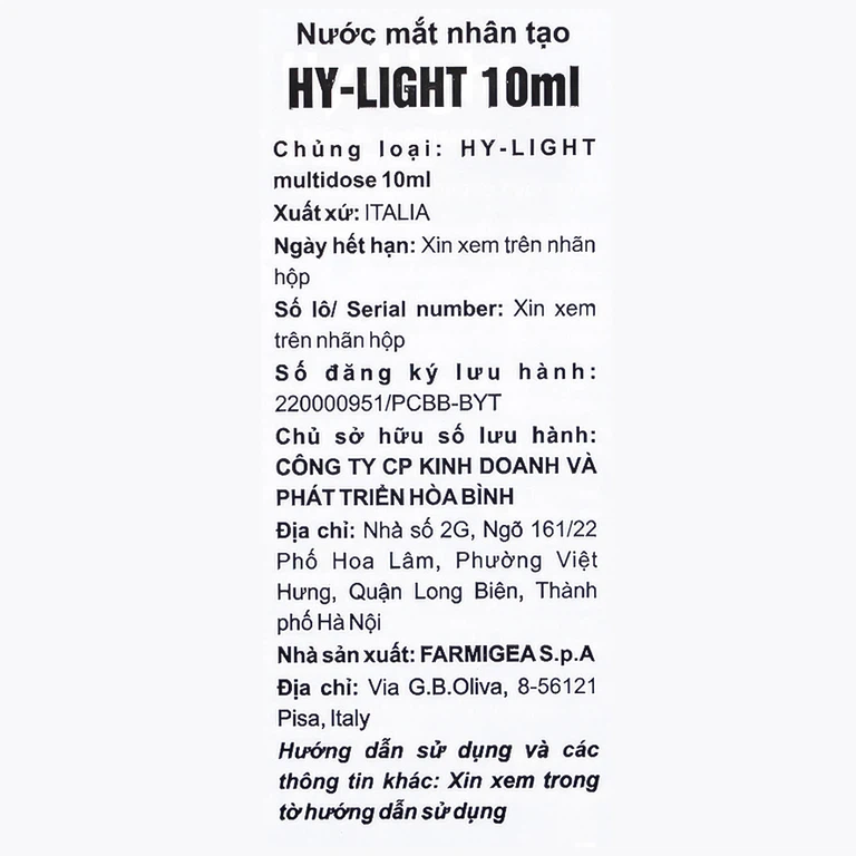 Nước mắt nhân tạo Hy-Light 10ml Farmigea giữ ẩm và bảo vệ mắt giảm tình trạng kích ứng, khô, đỏ