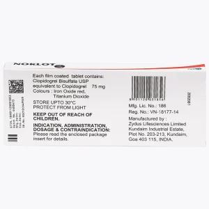 Thuốc Noklot 75mg Zydus phòng ngừa biến cố xơ vữa động mạch (3 vỉ x 10 viên)