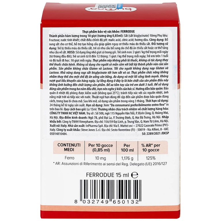 Dung dịch Ferrodue 15ml Buona bổ sung sắt cho cơ thể, giảm nguy cơ thiếu máu