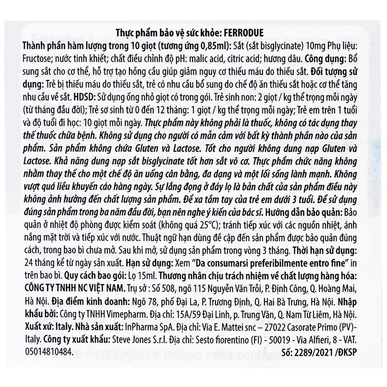 Dung dịch Ferrodue 15ml Buona bổ sung sắt cho cơ thể, giảm nguy cơ thiếu máu