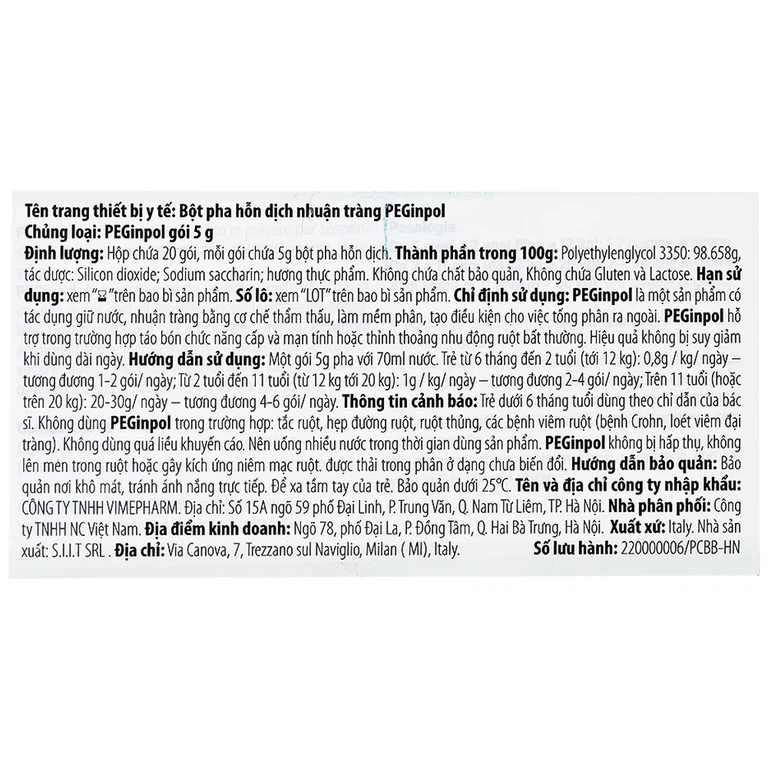 Bột pha hỗn dịch nhuận tràng PEGinpol 5g Buona cải thiện tình trạng táo bón cho trẻ (20 gói)