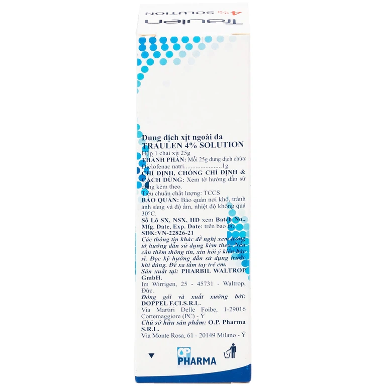Thuốc giảm đau Traulen 4% OP Pharma dạng xịt hỗ trợ điều trị tại chỗ đau và viêm do thấp khớp (25g)