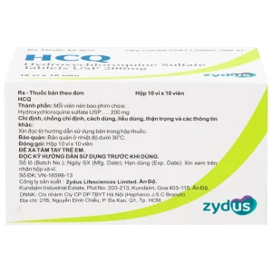 Thuốc HCQ 200mg Zydus phòng ngừa hoặc điều trị sốt rét cấp tính (10 vỉ x 10 viên)