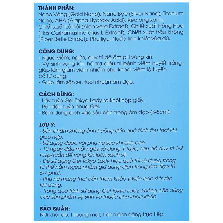 Gel phụ khoa Tokyo Lady 3ml Tokyo Pharma hỗ trợ ngừa viêm, ngứa, duy trì độ ẩm, pH vùng kín (5 tuýp)