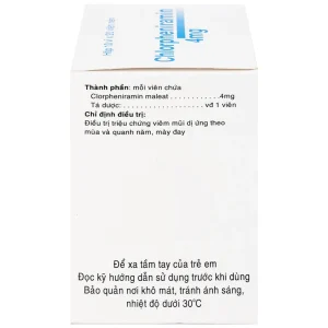 Thuốc Chlorpheniramin 4mg Fourdiphar điều trị viêm mũi dị ứng, mày đay (10 vỉ x 20 viên)