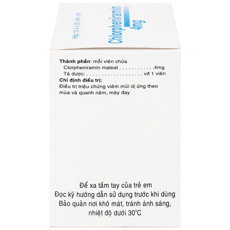 Thuốc Chlorpheniramin 4mg Fourdiphar điều trị viêm mũi dị ứng, mày đay (10 vỉ x 20 viên)
