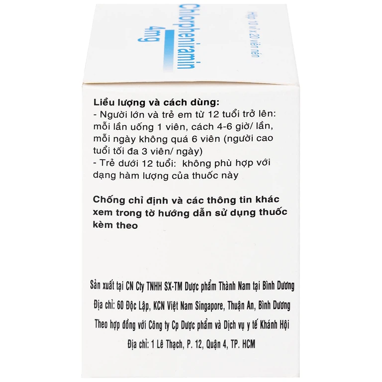 Thuốc Chlorpheniramin 4mg Fourdiphar điều trị viêm mũi dị ứng, mày đay (10 vỉ x 20 viên)