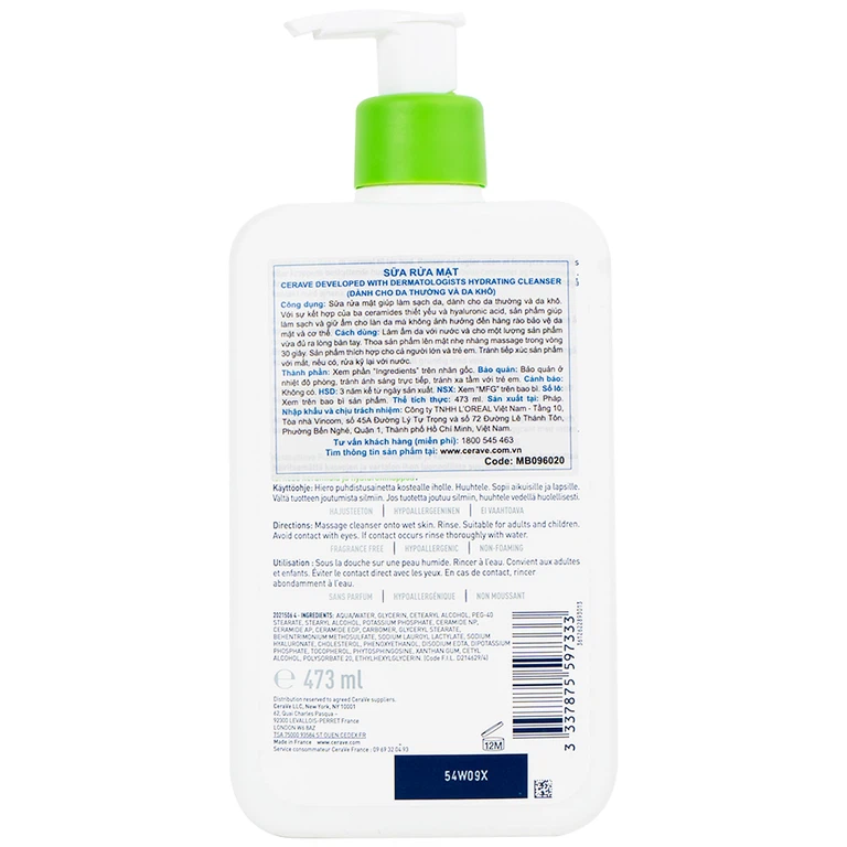 Sữa rửa mặt làm sạch sâu Cerave Developed With Dermatologists Hydrating Cleanser 473ml dành cho da thường, da khô