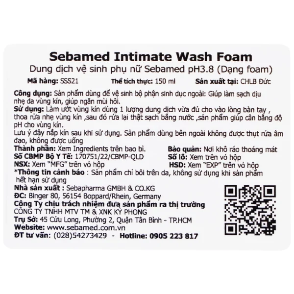 Dung dịch vệ sinh phụ nữ Intimate Wash Foam Sebamed giúp làm sạch dịu nhẹ đa vùng kín, giúp ngăn mùi hôi (200ml)