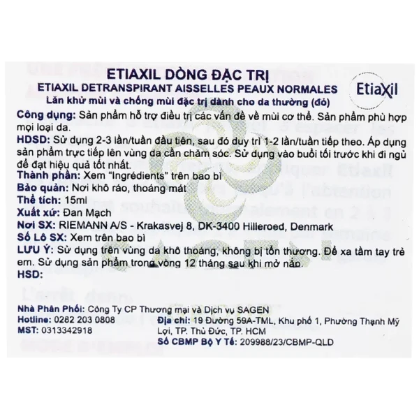 Lăn khử mùi EtiaXil Detranspirant Aisselles Peaux Normales đặc trị khử mùi hôi cho vùng da dưới cánh tay (15ml)