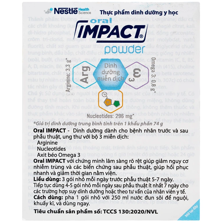 Sữa Oral Impact Powder bổ sung dinh dưỡng, tăng cường miễn dịch trước và sau phẫu thuật (5 gói x 74g)