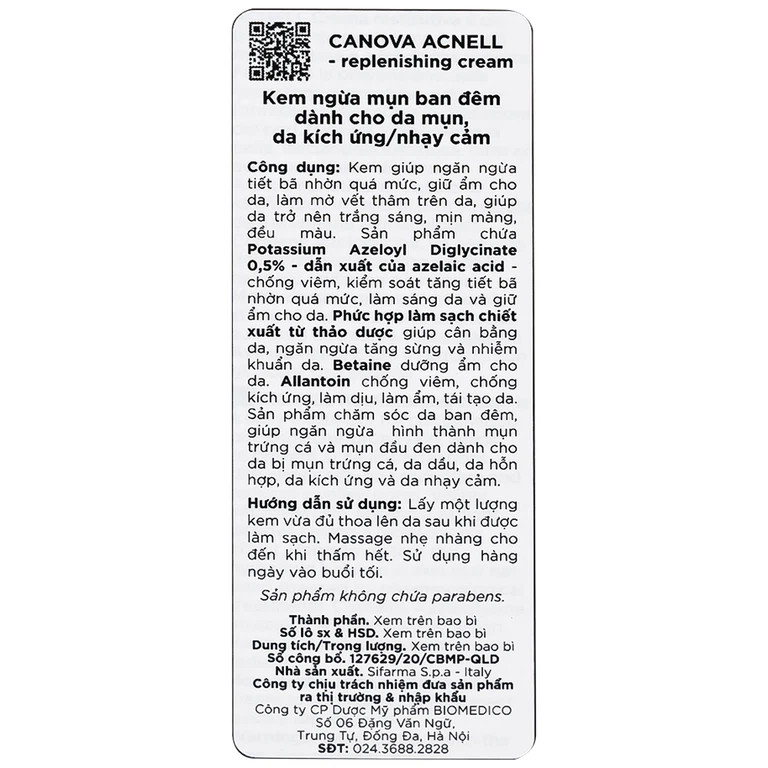 Kem ngừa mụn ban đêm Canova Acnell Sifarma giúp ngăn ngừa hình thành mụn trứng cá và mụn đầu đen (50ml)