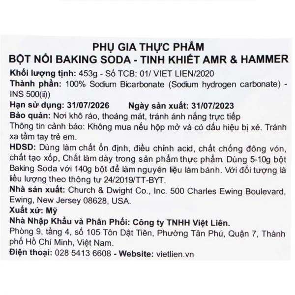 Bột nổi Baking Soda ARM & Hammer dùng làm chất ổn định (453g)