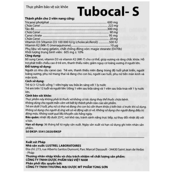 Viên uống Tubocal-S Lustrel bổ sung canxi, vitamin D3 và vitamin K2, giúp xương và răng chắc khỏe (4 vỉ x 15 viên)