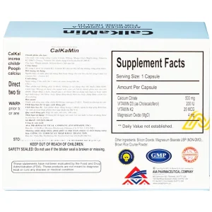 Viên uống CalKaMin AVA Pharmaceutical bổ sung canxi và vitamin K2, vitamin D3 cho cơ thể