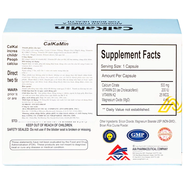 Viên uống CalKaMin AVA Pharmaceutical bổ sung canxi và vitamin K2, vitamin D3 cho cơ thể