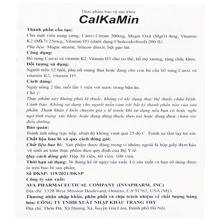 Viên uống CalKaMin AVA Pharmaceutical bổ sung canxi và vitamin K2, vitamin D3 cho cơ thể