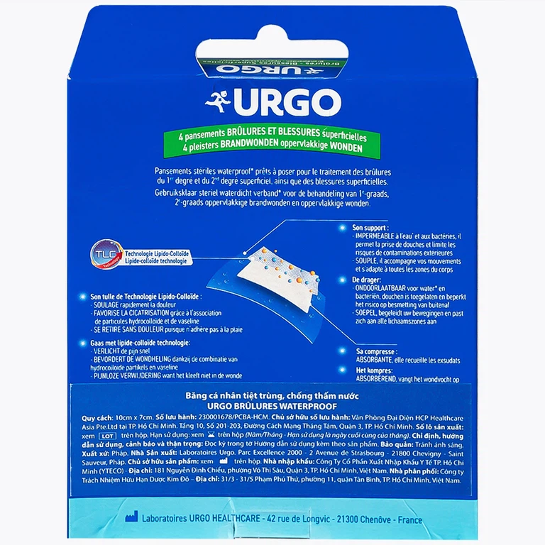 Băng cá nhân tiệt trùng Urgo Brulures Waterproof 10cm x 7cm cho vết thương bỏng, thấm hút dịch tiết cho vết thương (4 miếng)