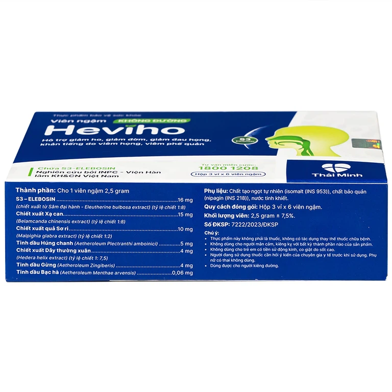 Viên ngậm không đường Heviho Thái Minh hỗ trợ giảm ho, giảm đờm, giảm đau họng (3 vỉ x 6 viên)