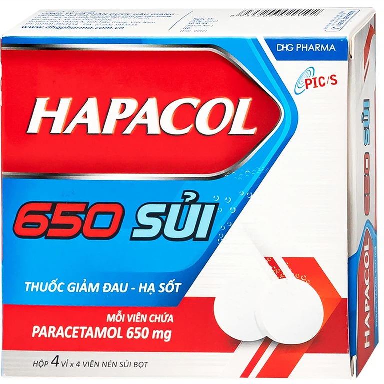 Viên sủi Hapacol 650 DHG điều trị các cơn đau có cường độ nhẹ đến trung bình và sốt (4 vỉ x 4 viên)