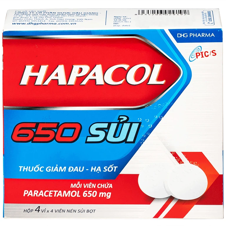 Viên sủi Hapacol 650 DHG điều trị các cơn đau có cường độ nhẹ đến trung bình và sốt (4 vỉ x 4 viên)
