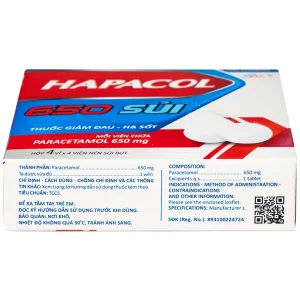 Viên sủi Hapacol 650 DHG điều trị các cơn đau có cường độ nhẹ đến trung bình và sốt (4 vỉ x 4 viên)