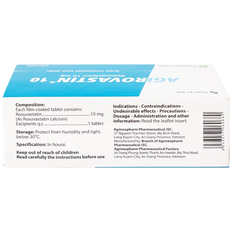 Thuốc Agirovastin 10 Agimexpharm điều trị tăng cholesterol máu (6 vỉ x 10 viên)