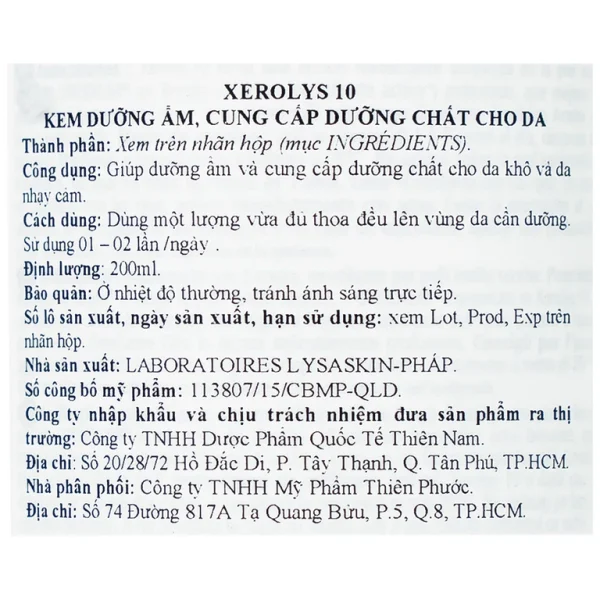 Kem dưỡng ẩm Xerolys 10 Thiên Nam dưỡng ẩm và cung cấp dưỡng chất cho da khô và da nhạy cảm (200 ml)