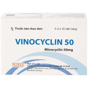 Thuốc Vinocyclin 50 Medisun điều trị mụn trứng cá, nhiễm trùng đường hô hấp (3 vỉ x 10 viên)
