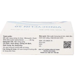 Thuốc Vinocyclin 50 Medisun điều trị mụn trứng cá, nhiễm trùng đường hô hấp (3 vỉ x 10 viên)