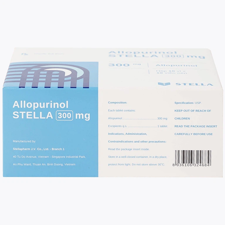 Thuốc Allopurinol 300mg Stella Pharm giảm sự hình thành acid uric, điều trị bệnh gout (10 vỉ x 10 viên)