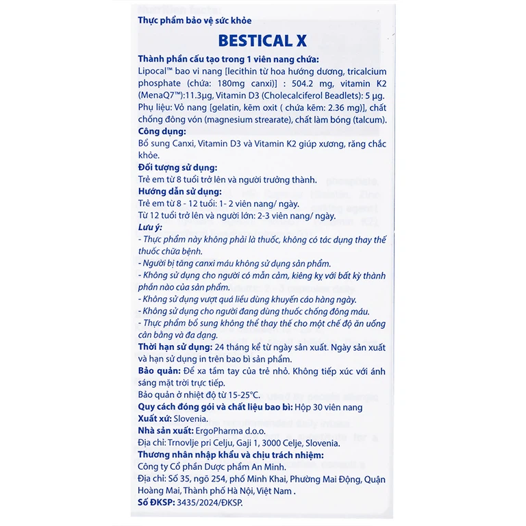 Viên uống BesticalX Ergopharm bổ sung canxi, vitamin D3 và vitamin K2, hỗ trợ xương, răng (30 viên)