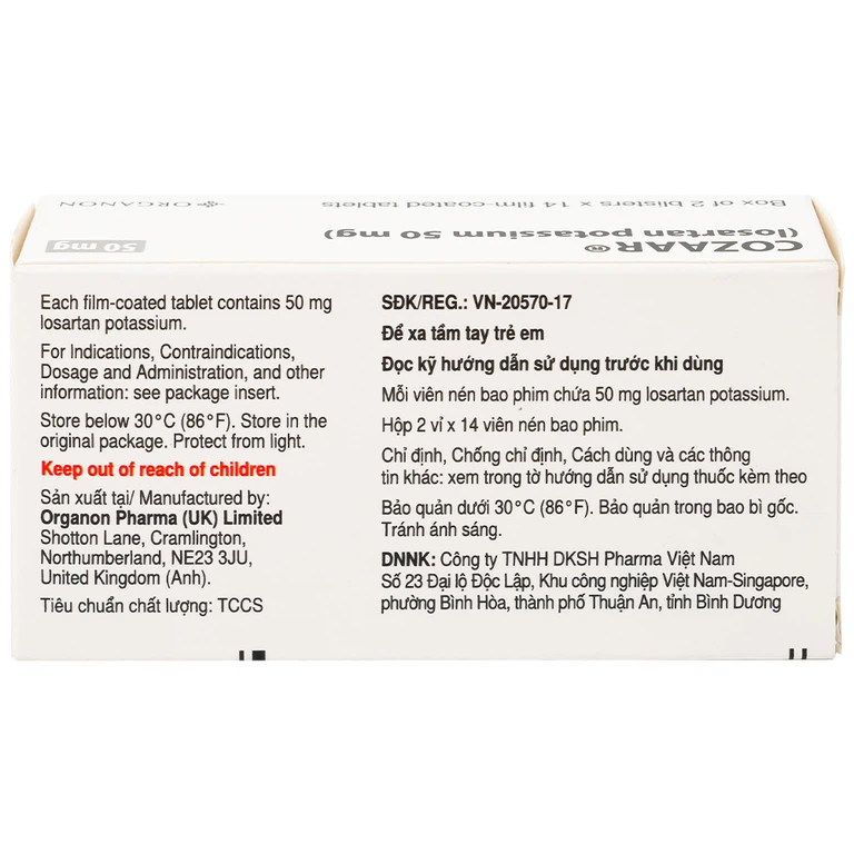Thuốc Cozaar 50mg Organon điều trị tăng huyết áp và bảo vệ thận từ tổn thương do bệnh tiểu đường (2 vỉ x 14 viên)
