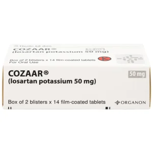 Thuốc Cozaar 50mg Organon điều trị tăng huyết áp và bảo vệ thận từ tổn thương do bệnh tiểu đường (2 vỉ x 14 viên)