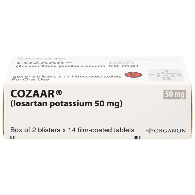 Thuốc Cozaar 50mg Organon điều trị tăng huyết áp và bảo vệ thận từ tổn thương do bệnh tiểu đường (2 vỉ x 14 viên)