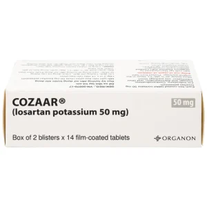 Thuốc Cozaar 50mg Organon điều trị tăng huyết áp và bảo vệ thận từ tổn thương do bệnh tiểu đường (2 vỉ x 14 viên)