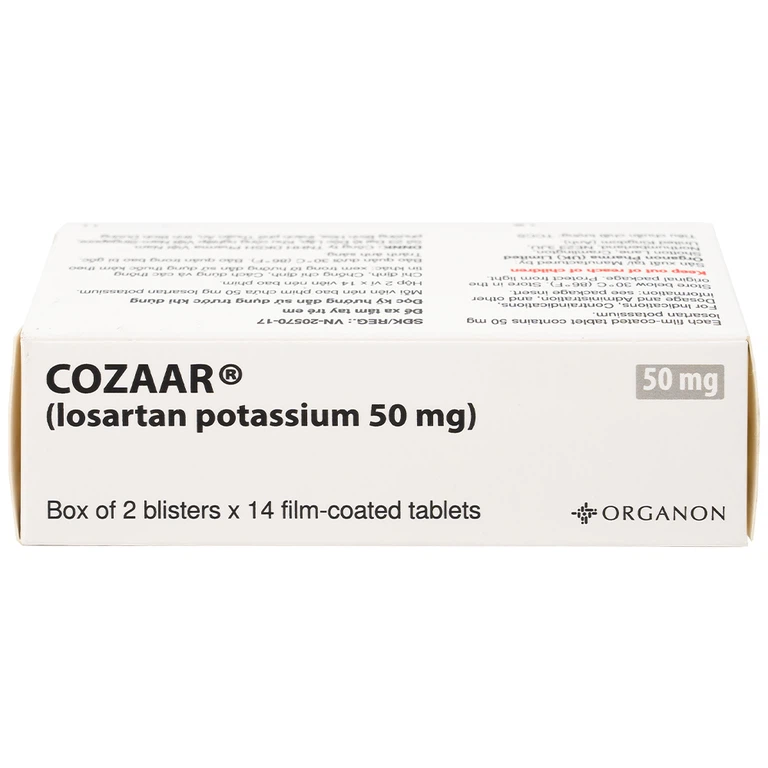 Thuốc Cozaar 50mg Organon điều trị tăng huyết áp và bảo vệ thận từ tổn thương do bệnh tiểu đường (2 vỉ x 14 viên)