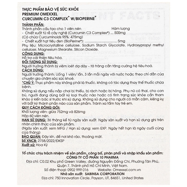 Viên uống Premium Omexxel Curcumin C3 Complex W/Bioperine hỗ trợ cải thiện tiêu hóa (60 viên)